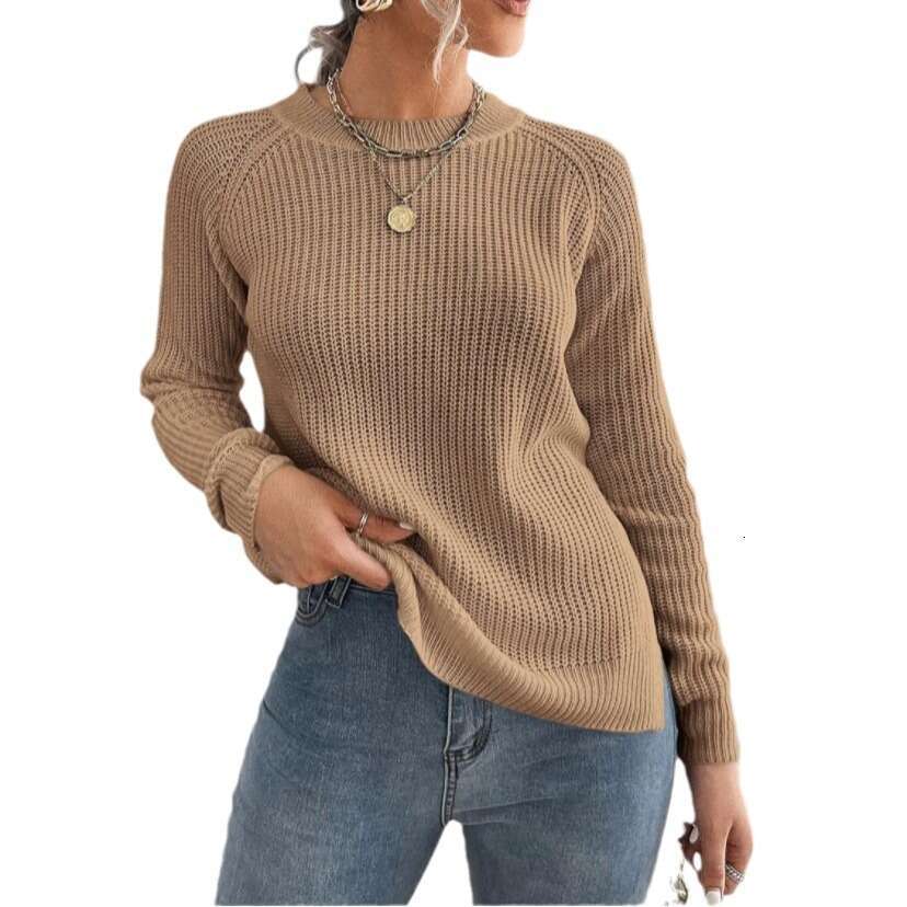 Autumn Winter New European And American Style Hem High Slit Round Neck Long Sleeved Pullover Clothes For Women In Autumn