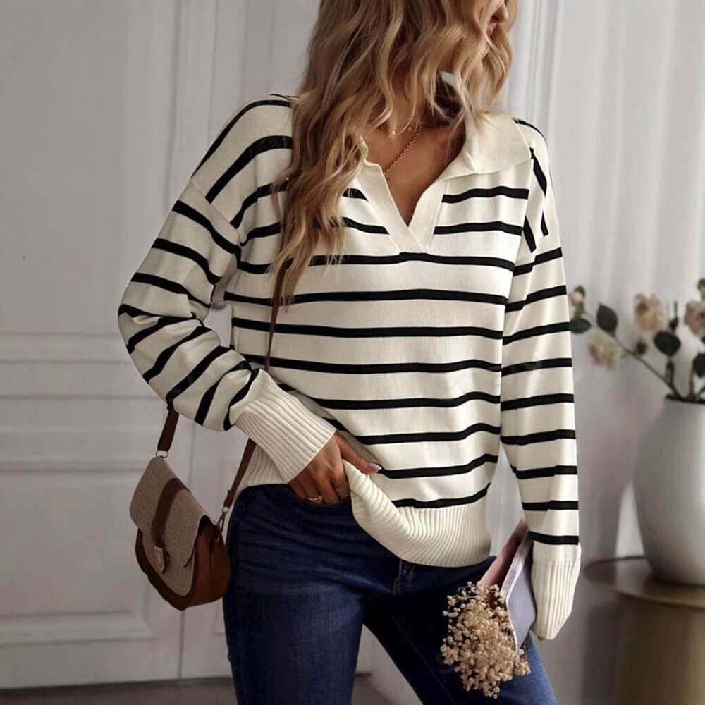 Foreign Trade Autumn Clothing European And American Polo Collar Striped Pullover Women's Knitted Sweater Fashionable Quality Classic
