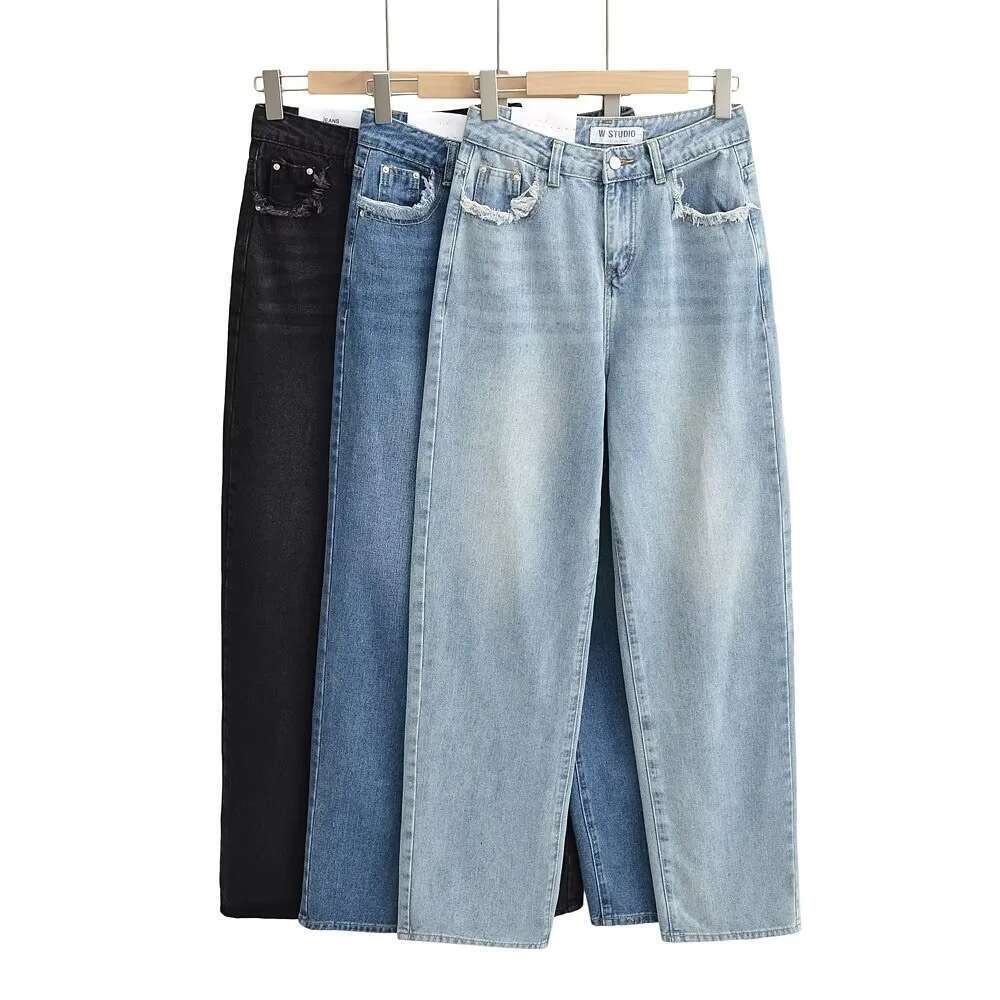 Spicy Girl INS Personalized Matte Pocket High Waist Wide Pants for Women, Loose and Slim Straight Leg Cowboy Pants, 2024 Versatile New Trendy Clothing