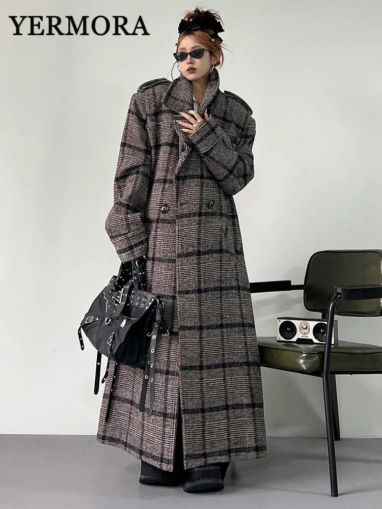Yermora brown striped plain thick wool coat womens lapel long sleeved retro jacket fashion trend autumn 2024 item 241209
