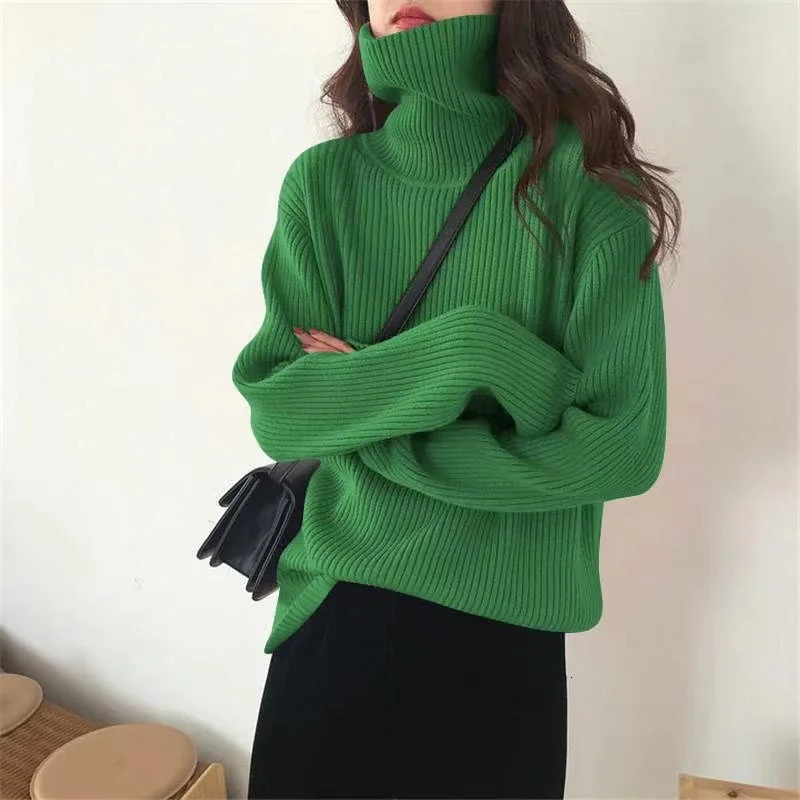 Autumn and winter high neck slow style solid color sweater Lax long sleeved striped womens latte 241211