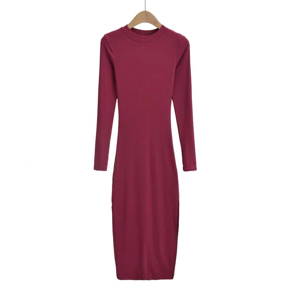 spicy girl small round neck elastic slim fit two side slit hip h skirt women's long sleeved tight bottom dress autumn 2024 new casual versatile f