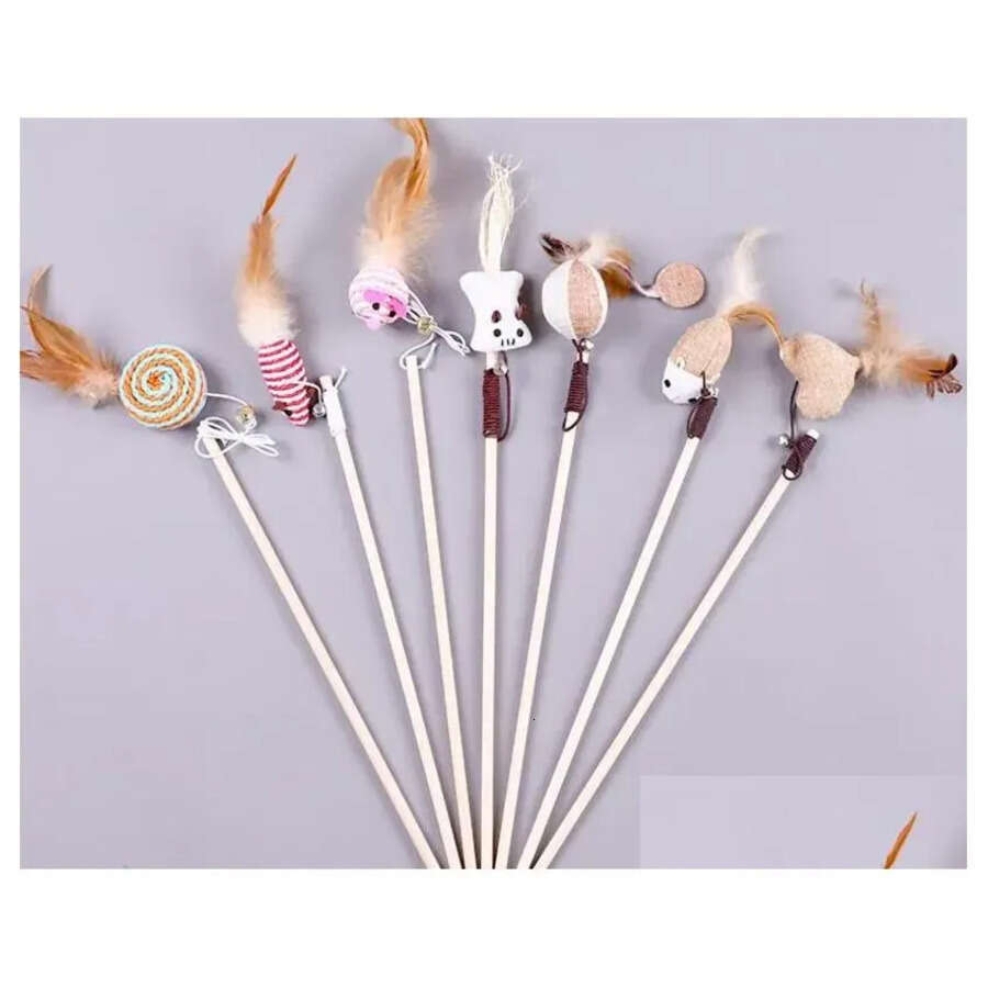 Funny Stick Interactive Kitten Wood Wand Feather Bell Fish Rat Doll Catcher Teaser Exercise For Indoor Animal Cher Drop Delivery Home Dhjw5