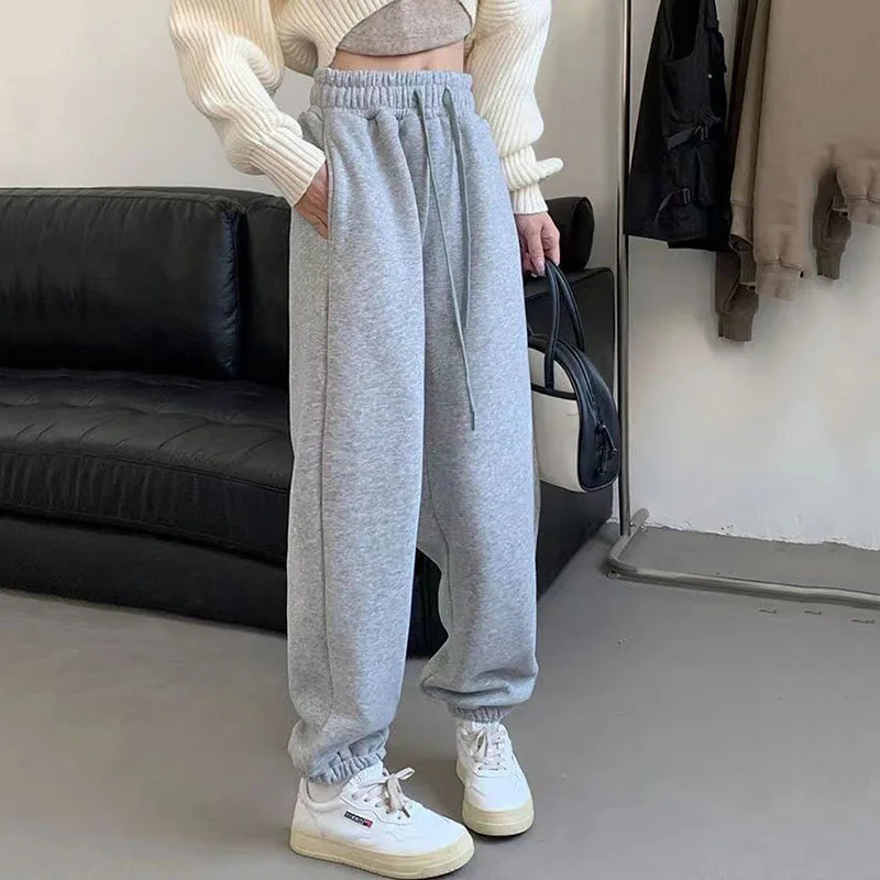 Autumn and winter wool warm sports pants for women solid casual high waisted fully matched drawstring thick harem 241212