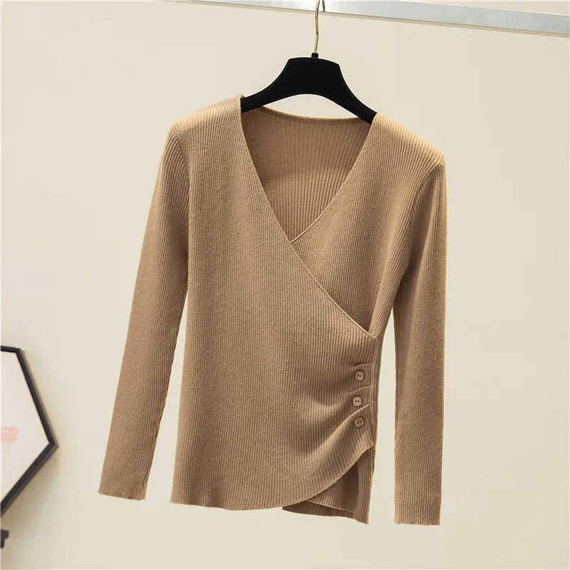 Womens Surplice sweatshirt drawstring knit Vneck long sleeved button side solid color skydiving basic set for girls in autumn and winter 241211