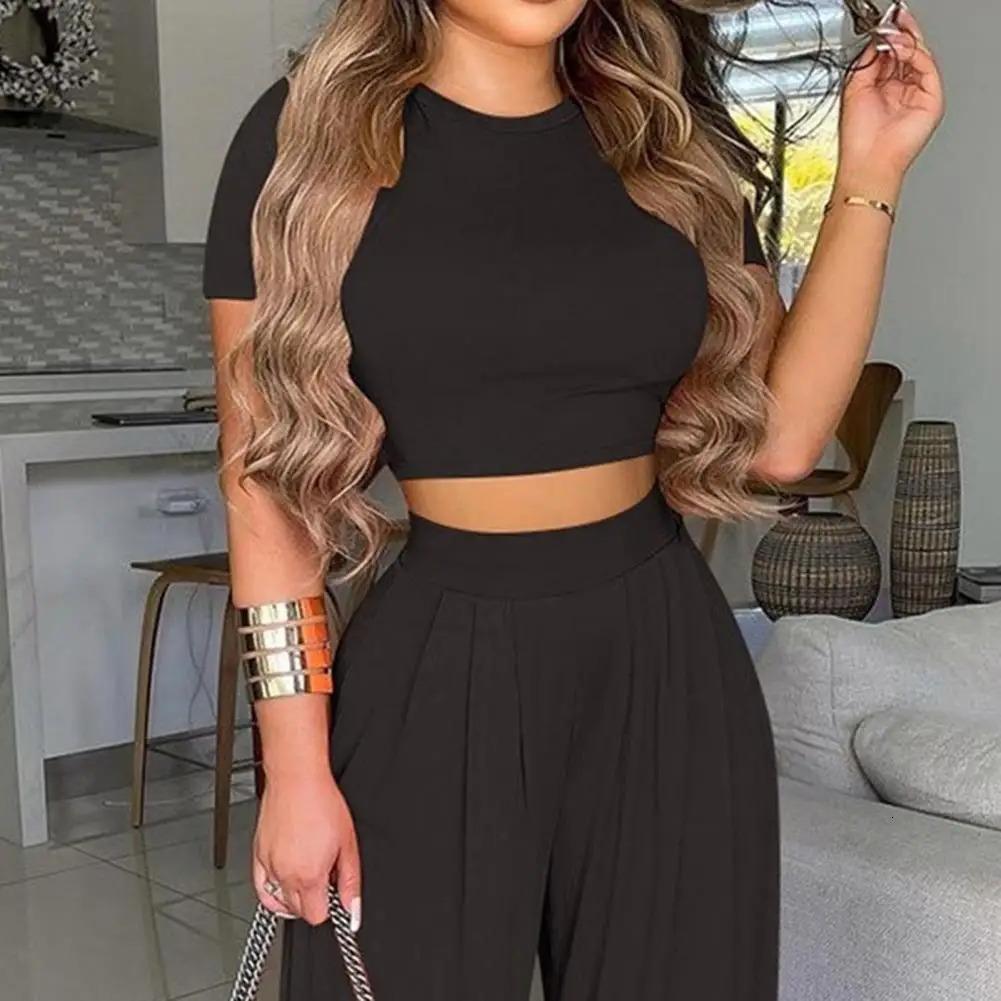 Summer elegant womens twopiece fashionable Oneck ultrathin top and wide leg pants set suitable for casual floral print outfits 241212