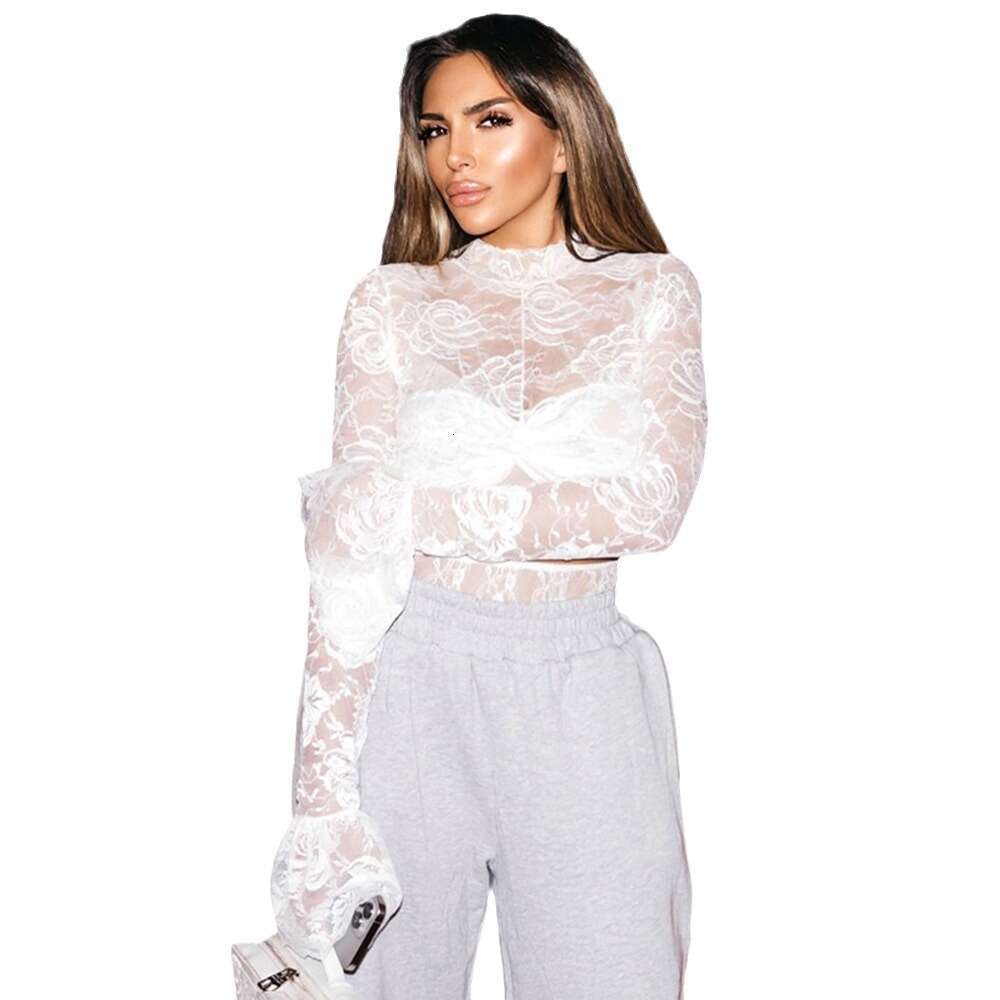 Spring Autumn European And American Women's Sexy Lace Splicing T-Shirt Half High Collar Horn Long Sleeve Revealed Umbilical Perspective Short Top