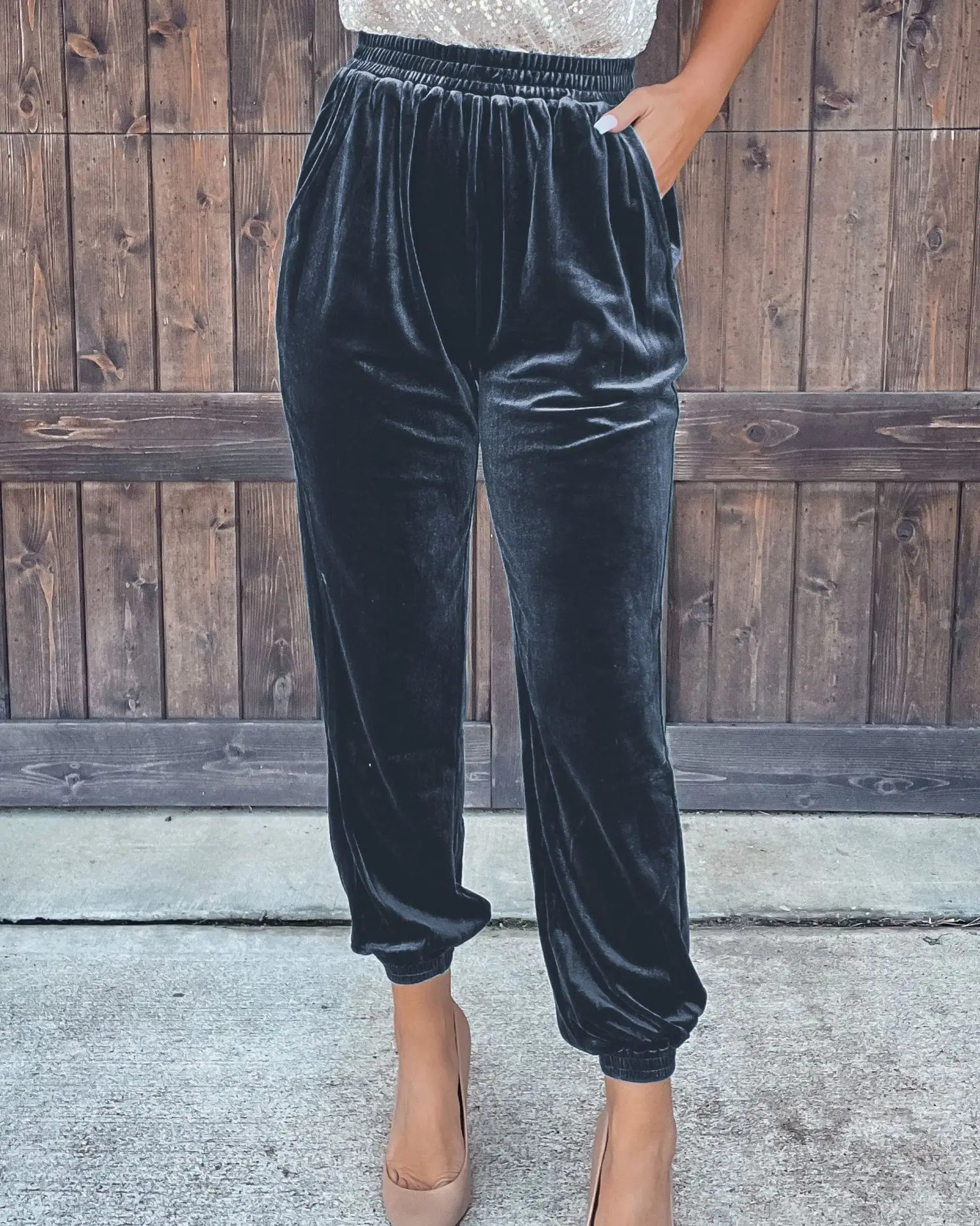 2025 Womens Velvet Velour Joggers Soft Stretch Warm Sweatpants Pants With Pockets 241212