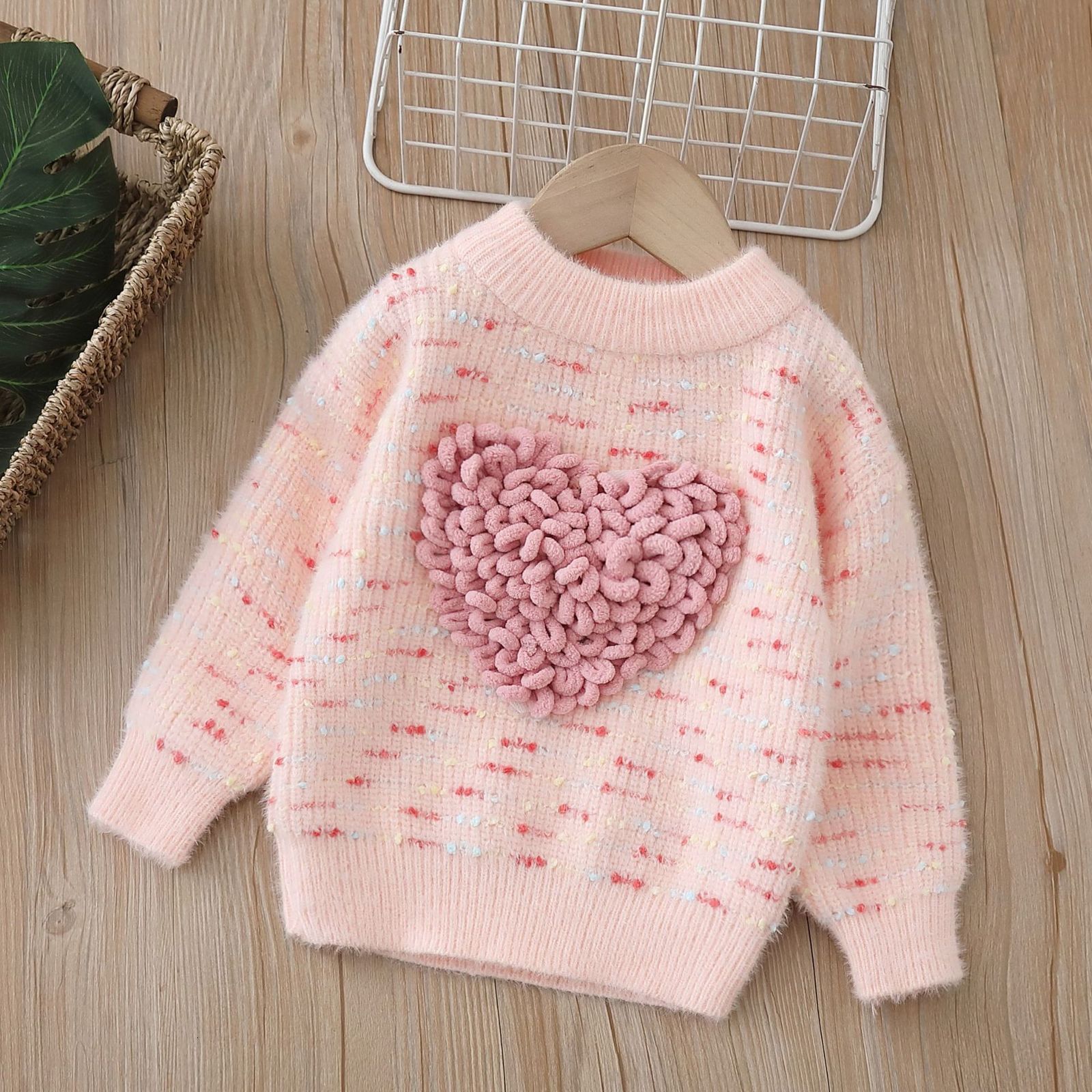 Girls Sweater Round Neck Knitted Base Sweater Love Color Sweet Plush Thick Childrens Knitted Sweater 220326