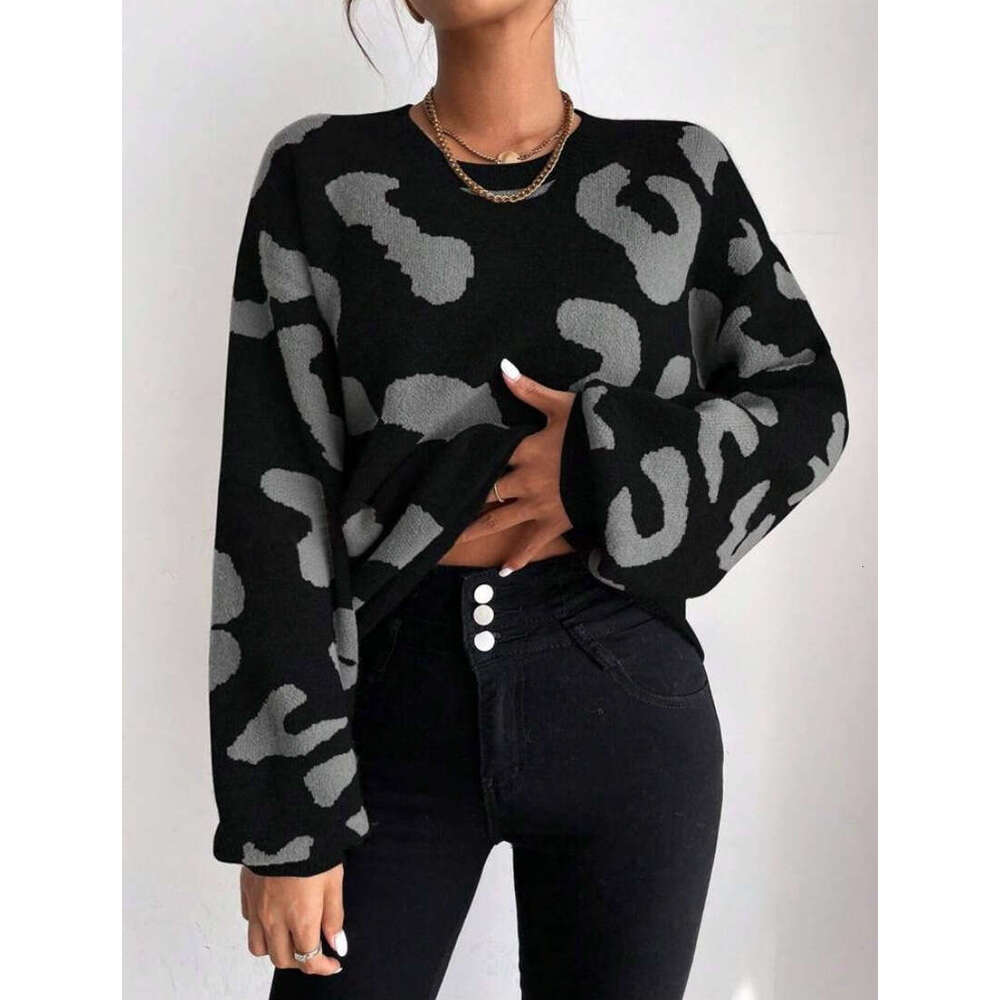 Classic Leopard Print Sweater For Autumn Winter In European And American Foreign Trade, Women's Fashion Temperament Pullover Round Neck Knitted T