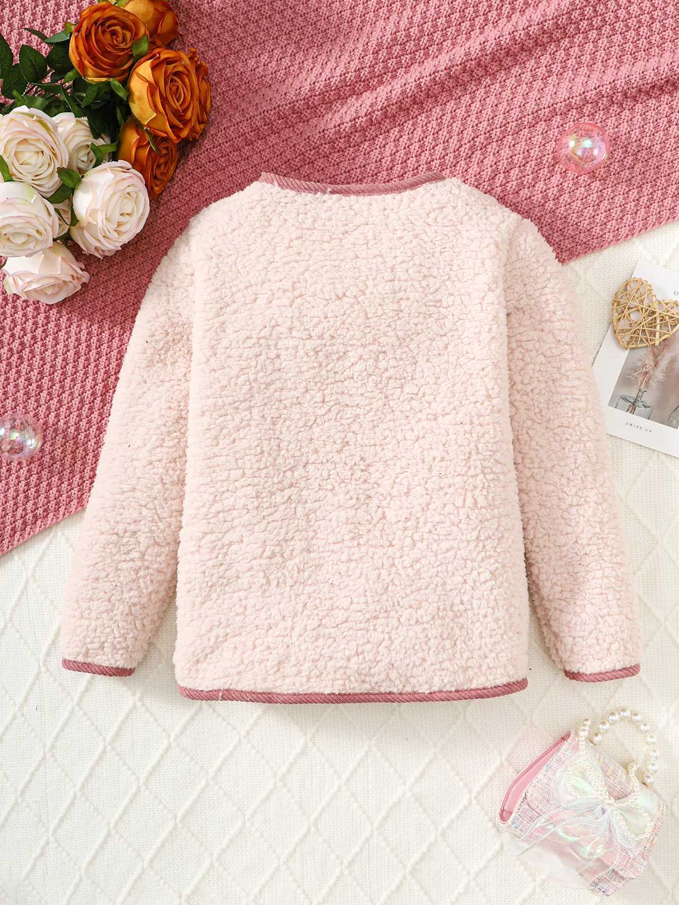 Girls Spring and Autumn Pink Plush Button Coat with Pockets Suitable for 8-14Y ChildrenXJ241214