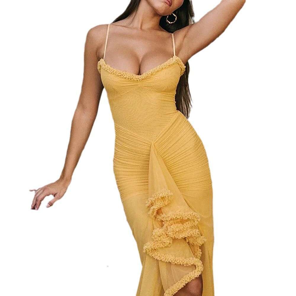 Autumn New European And American Style Lace Long Dress Wrinkled Sleeveless Spicy Girl Strap Skirt Fashion Quality Classic