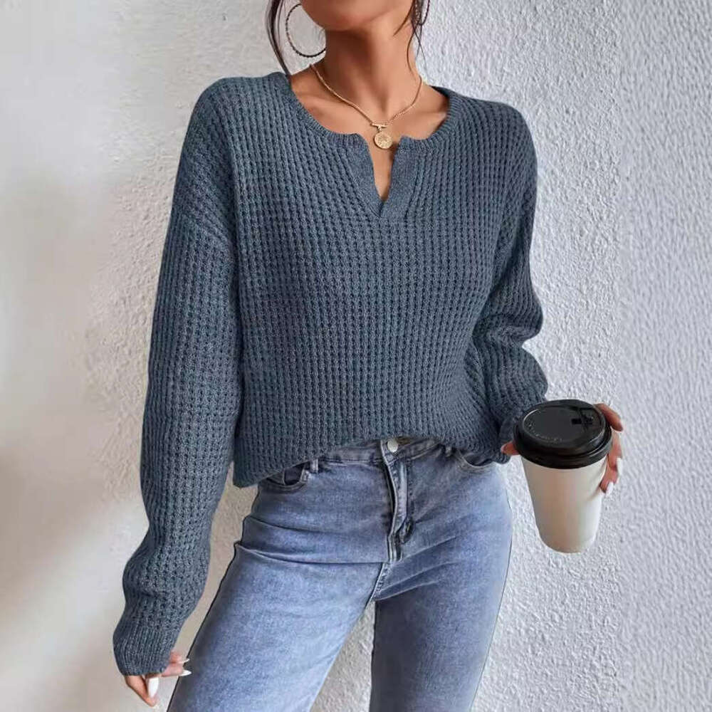 European American Solid Color Long Sleeved Clothes For Autumn Women, Comfortable And Casual V-Neck Pullover