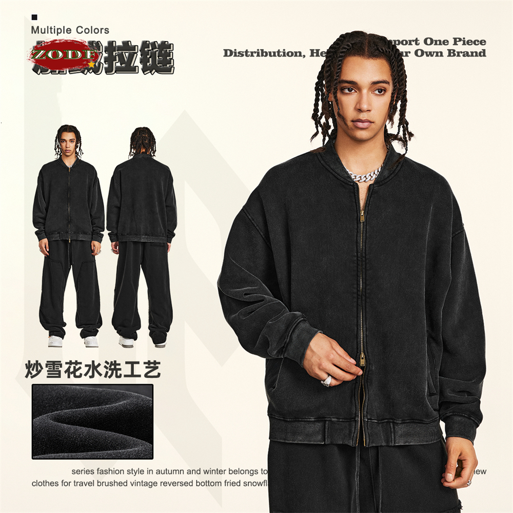 Retro Winter Washed Black Fleece Jackets For Men Unisex Oversized 332Gsm Zipper Coats Hoodie Outwears