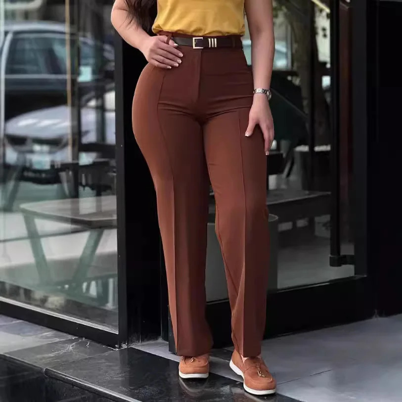 Womens elegant high waisted solid pants short sleeved autumn casual straight three person office womens black suit long 241212