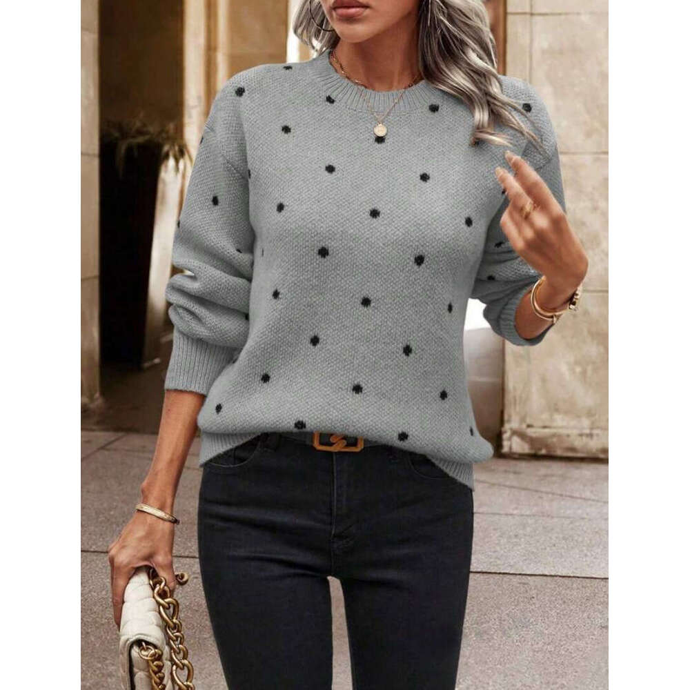 European And American Foreign Trade Fashion Round Neck Long Sleeved Pullover Clothes Autumn Women's Polka Dot Jacquard Knitted Sweater Top