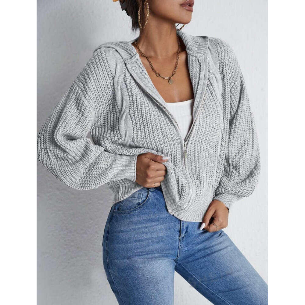 New European American Clothing For Foreign Trade, Women's Autumn And Winter Hooded Cardigan, Knitted Waffle Hoodie Top