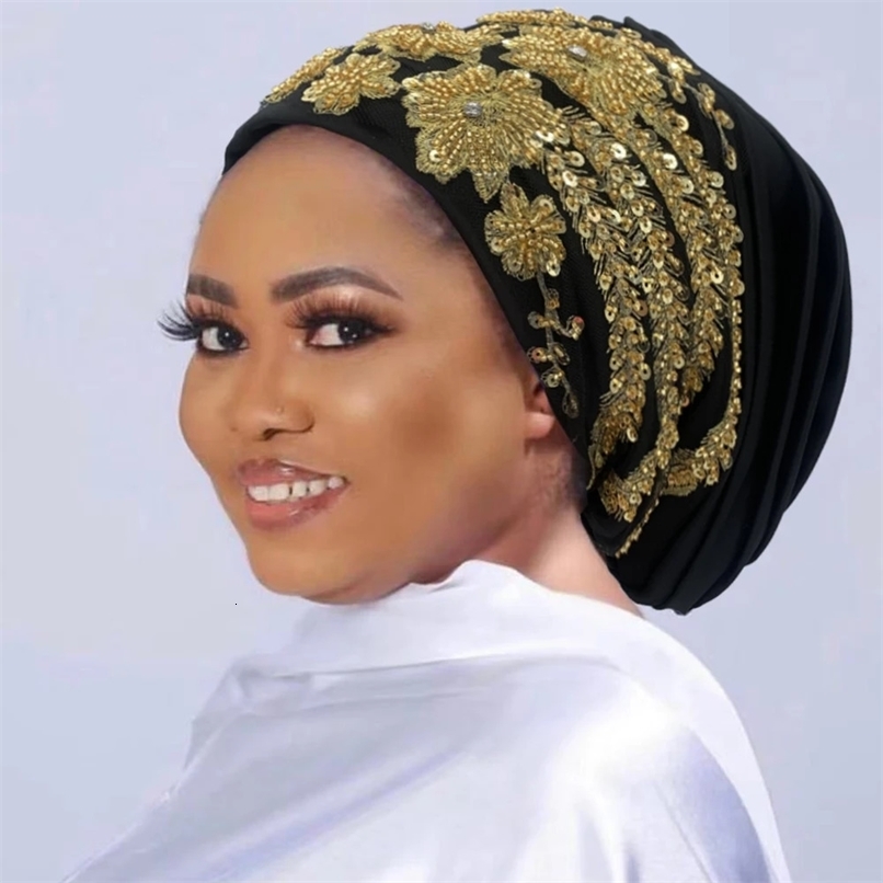 African womens wrapped headband Muslim headscarf womens headscarf embroidered beaded pleated headscarf 241216