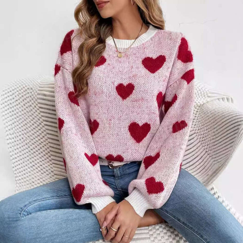 European And American Round Neck Pullover Versatile Love Contrasting Color Loose Casual Knitted Long Sleeved Shirt Slimming Clothes Autumn Women