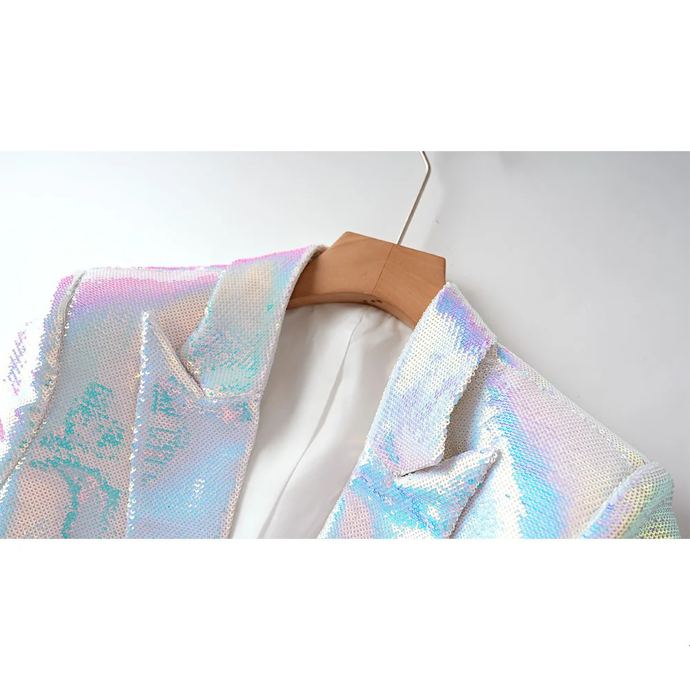 Party Evening Shining Bling 2PCS White Blazer Shorts Suits Euopean American Style Sequins Twin Sets High Quality 241214