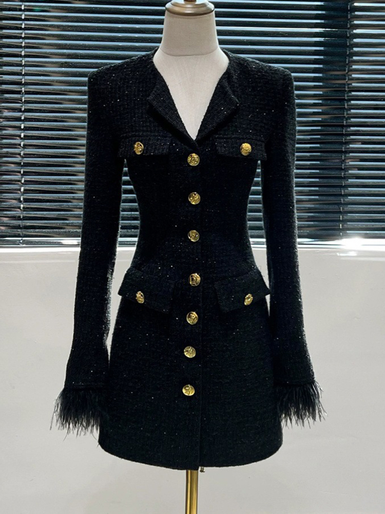 Elegant Black Dress Temperament Office Lady V-Neck Single Breasted Waist Tweed Women's Dresses 2025 New Spring Summer C2985