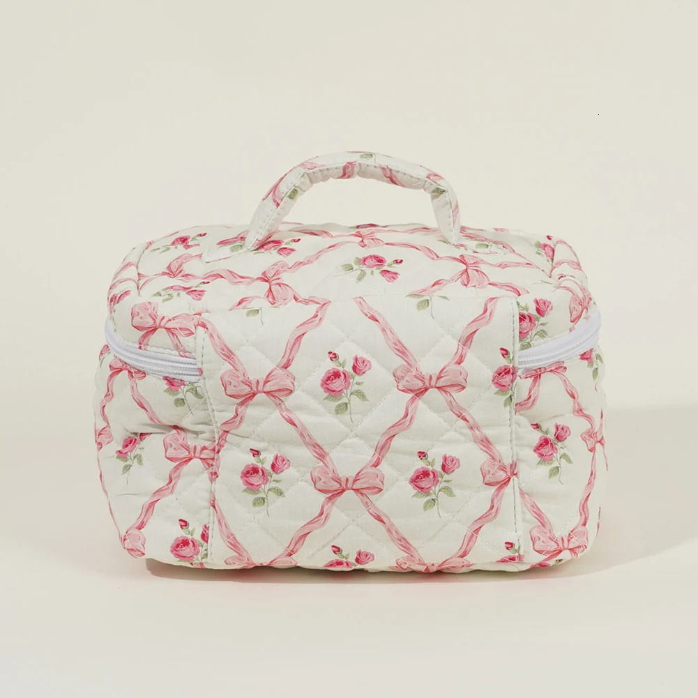 3Pcs Makeup Bag Set Portable Cosmetic Pouch Large Capacity Quilted Coquette Toiletry Bag Aesthetic Cotton for Travel Vacation 241212