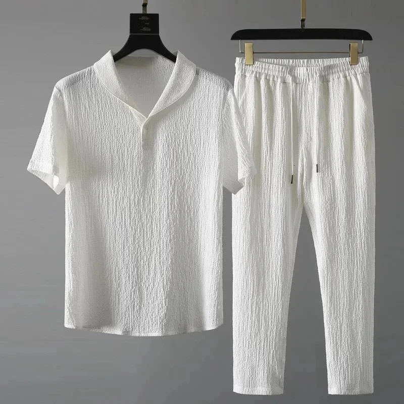 Mens casual solid color brushed shirt set summer fashion striped loose collar high elasticity business 241211
