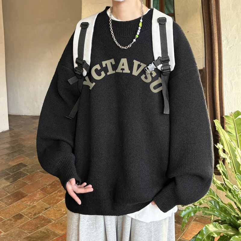 Men's Cozy Japanese Style Letter Knit Sweater - Long Sleeve Pullover For Autumn & Winter