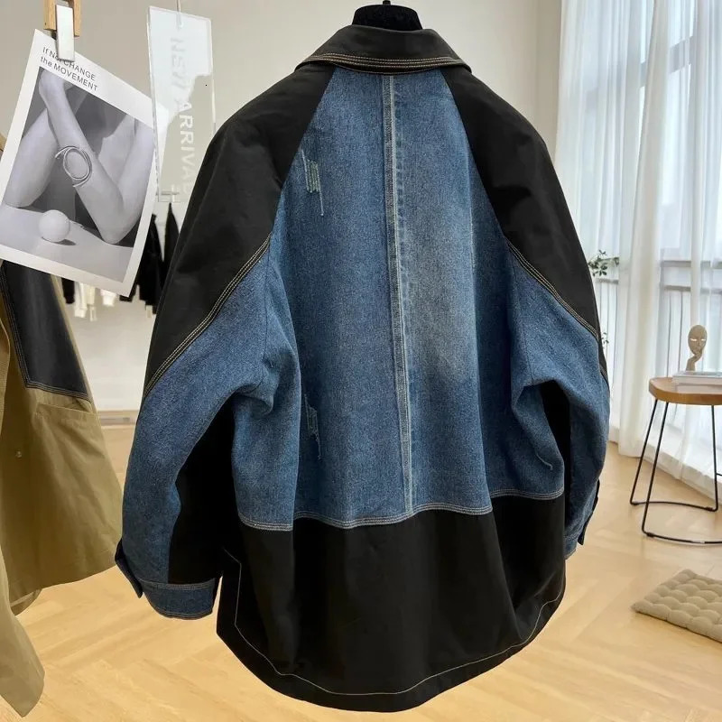 Heavy duty denim patch workwear jacket casual womens 2023 spring and autumn season thin medium long trench n sense niche 241211