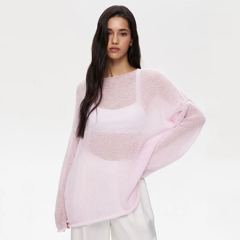 MSCSZ Womens Oversized Sweater 2024 Trend Transparent Knitted Autumn Comfortable Zipper Oneck Long sleeved Top Red 241211