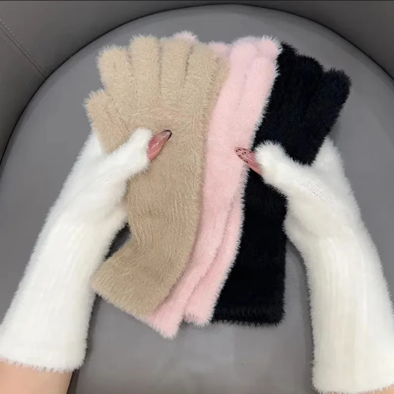 Korean INS long cashmere touch screen exposed finger gloves for winter warmth elastic soft full plush artificial fur knitted 241212