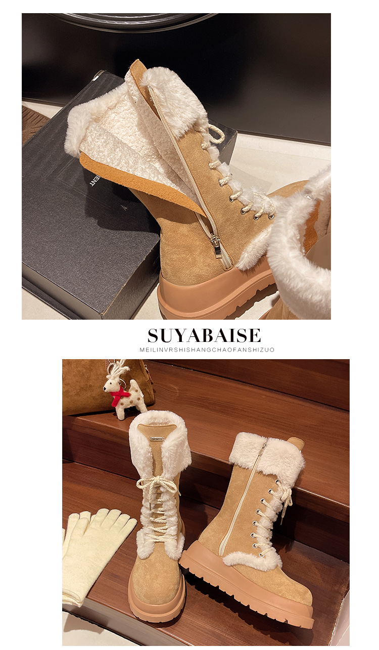 2025 winter new all-in-one thick sole warm and fluffy fashion snow boots women's mid-tube woolen hot cotton shoes super fire ootd