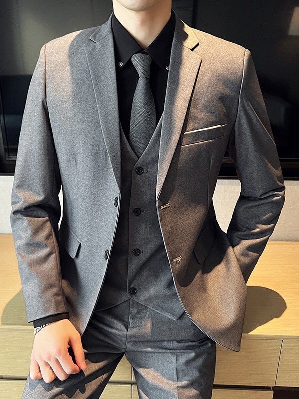 T1216Men's Korean style slim fit three piece suit white collar work suit