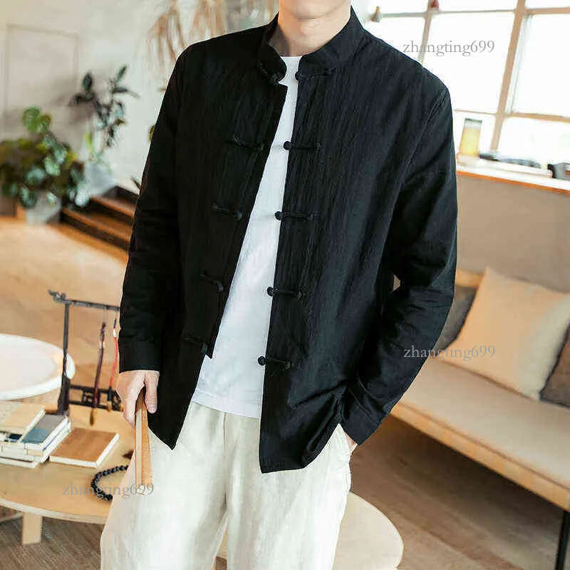Chinese Style Shirt Men Cotton Linen Vintage Casual Chemise Men Long Sleeve Cotton Linen Chinese Style Shirts Kung Fu Tai Chi Ta G0105