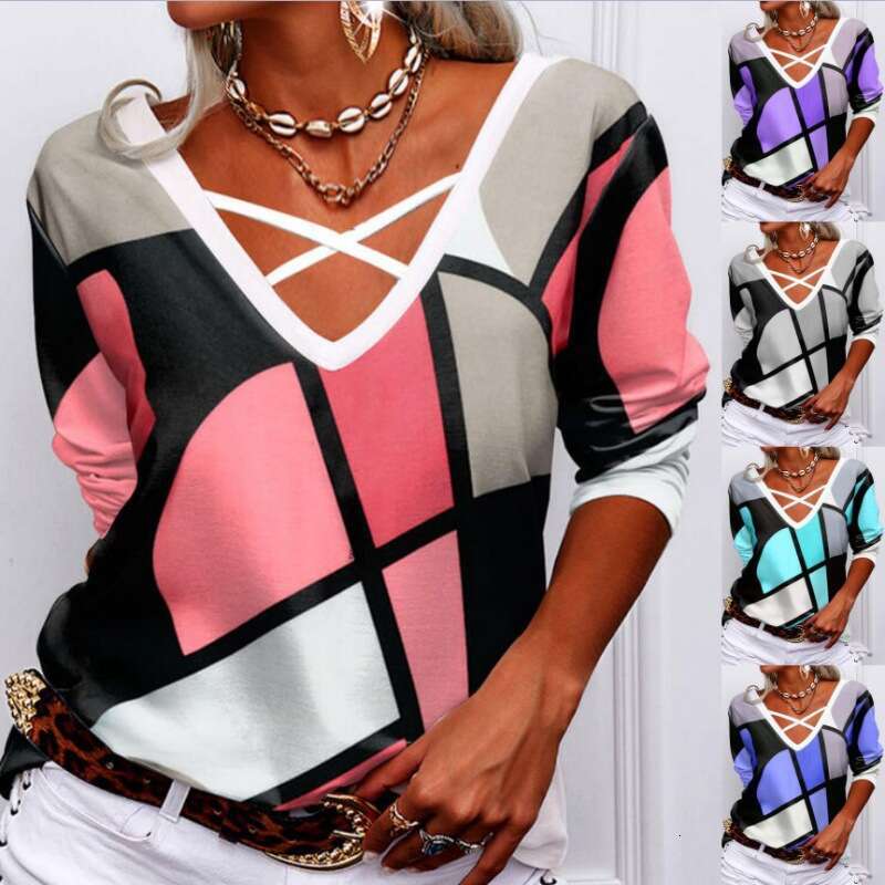 autumn European and American long sleeved loose V-neck cross geometric printed T-shirt women's 2024 new casual versatile fashion clothing