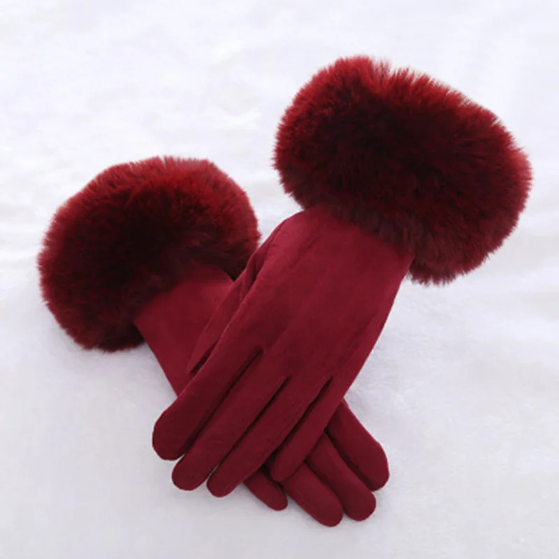 Fashion womens winter warm suede leather touch screen gloves artificial rabies fur embroidered with velvet thick driving H92 241212