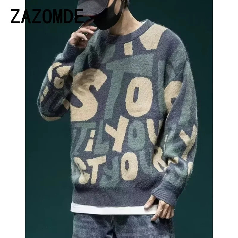 Vintage Letter Knit Sweater Men - Autumn Korean Casual O-Neck Top, Large Size, Sweetwear For Couples, Fashion