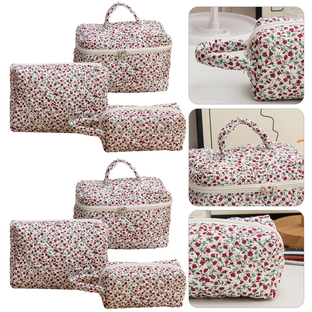 3 Flower Toilet Bags Cotton Quilted Makeup Organizer Storage Bag Large Capacity Makeup Organizer 241212