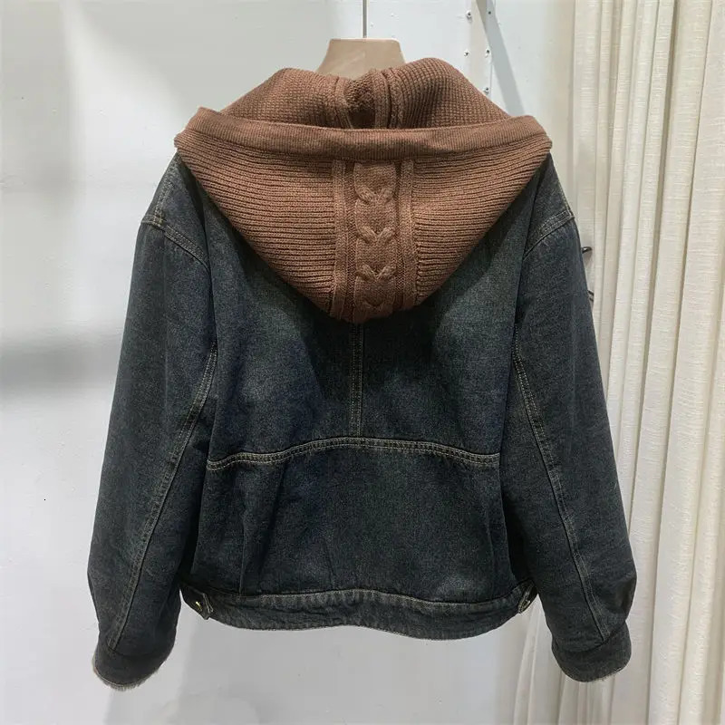 Retro womens winter warm wool lined denim jacket casual streetwear knitted hooded boyfriend style loose fitting coat 241211