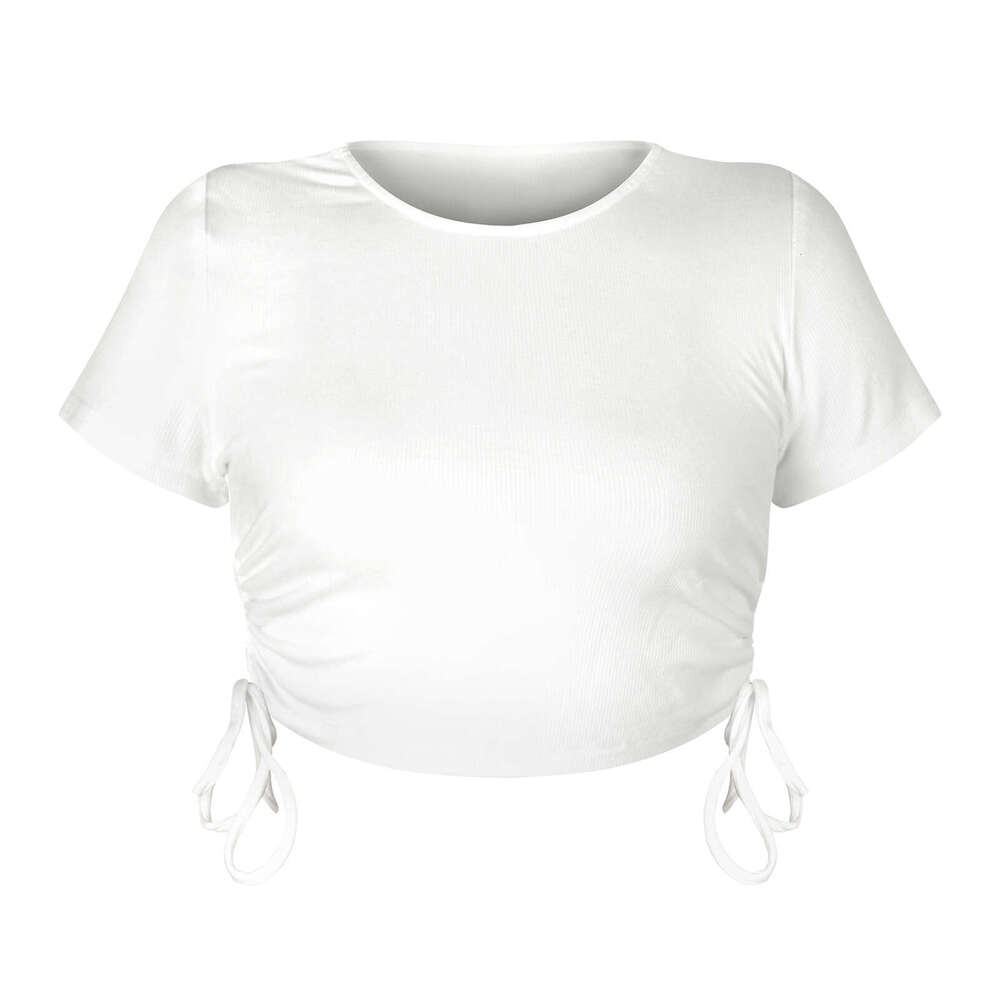 Fashionable Sexy Pit Stripe Exposed Navel Cut Drawstring Strap Round Neck Short Sleeved T-Shirt European And American Women's Top Fashionable Qua