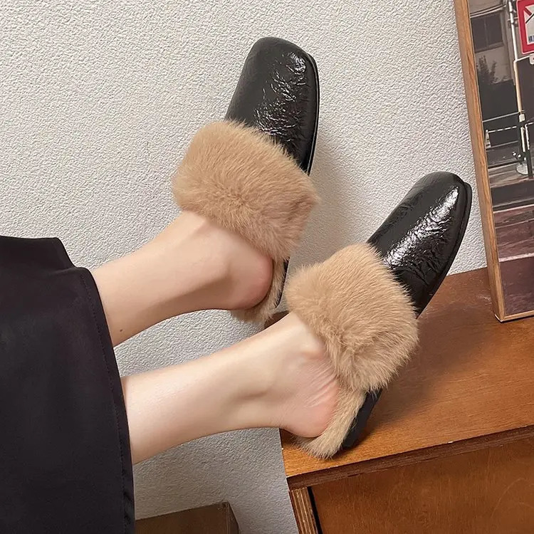 Fur mule shoes womens slippers warm home apartment cotton shoes 2024 winter trend fashionable flip cover casual plush Zapatos women 241213