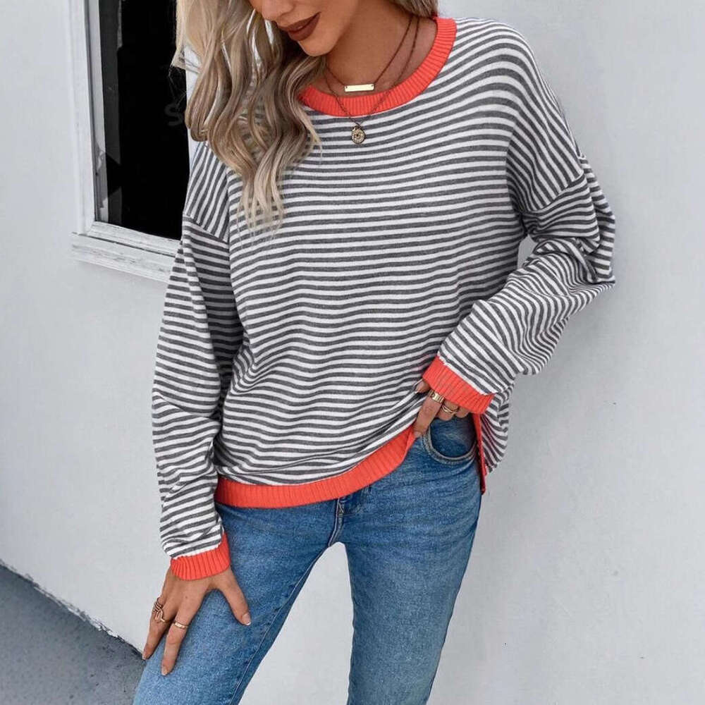 European And American Autumn Clothing, Striped Round Neck Contrasting Color, Shoulder Down Long Sleeved Knitted Sweater, Women's Fashion Quality 