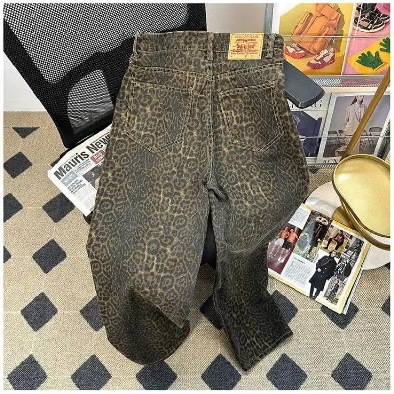 Leopard Print Jeans American High Street Trouser Retro Spring Trend Y2K Harajuku Style Loose Waist Casual Pants 241212