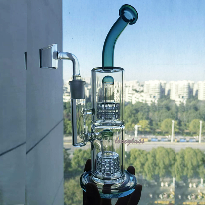 unique Bong Hookahs Function Water Pipes Double Arm tree Perc Recycler Dab Rigs Stereo Matrix Perc Smoke Pipe with 14mm banger