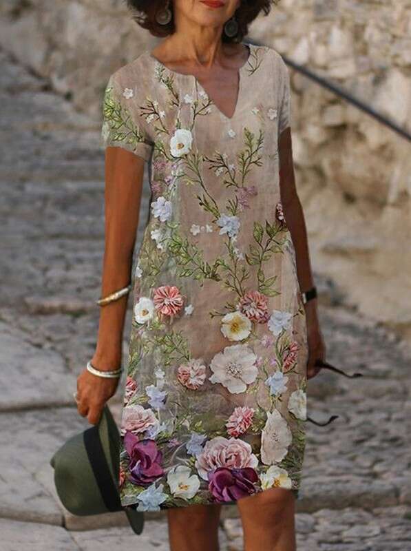 European and American Women's Spring/Summer Style Positioning Printed V-neck Short sleeved Dress 2024 New Casual Versatile Fashion Clothing