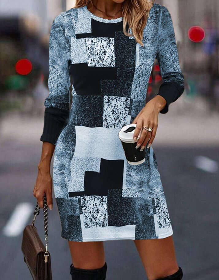 European American Spring and Autumn Geometric Printed Round Neck Long Sleeve Dress 2024 New Casual Versatile Fashion Clothing