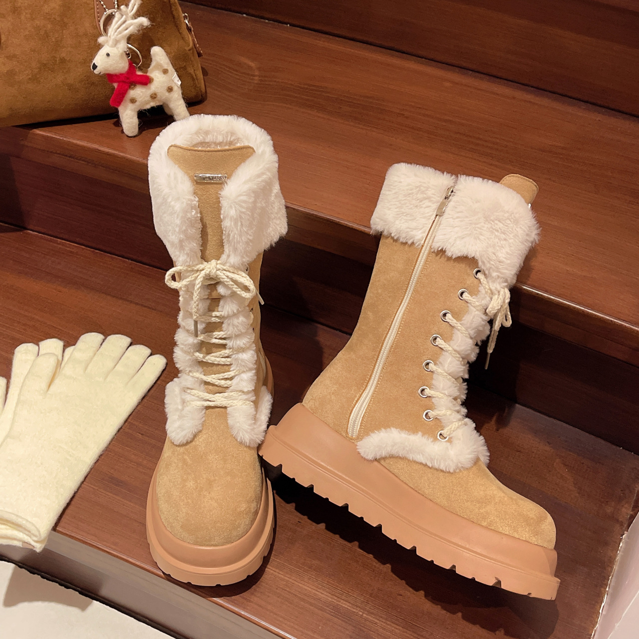2025 winter new all-in-one thick sole warm and fluffy fashion snow boots women's mid-tube woolen hot cotton shoes super fire ootd