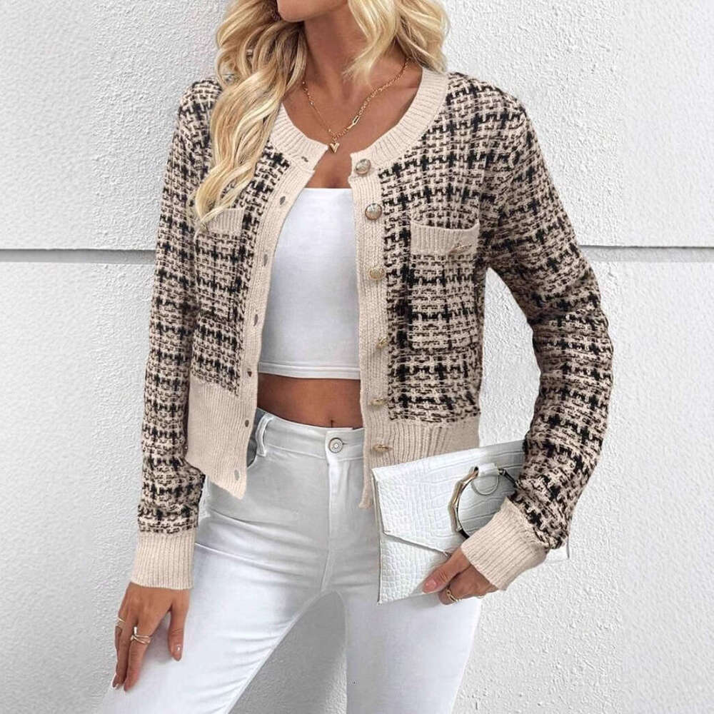 European And American Checkered Pattern Clothes, Autumn Women's Front Button Cardigan, Fashionable Quality, Classic
