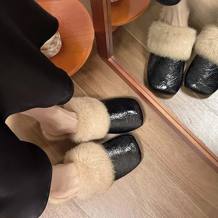 Fur mule shoes womens slippers warm home apartment cotton shoes 2024 winter trend fashionable flip cover casual plush Zapatos women 241213