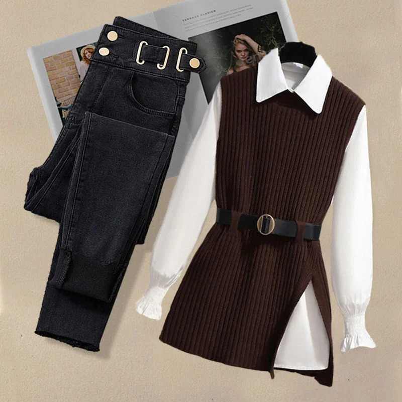 Womens autumn and winter set 2023 Korean fashion knitted vest casual slim fit jeans three piece 241212